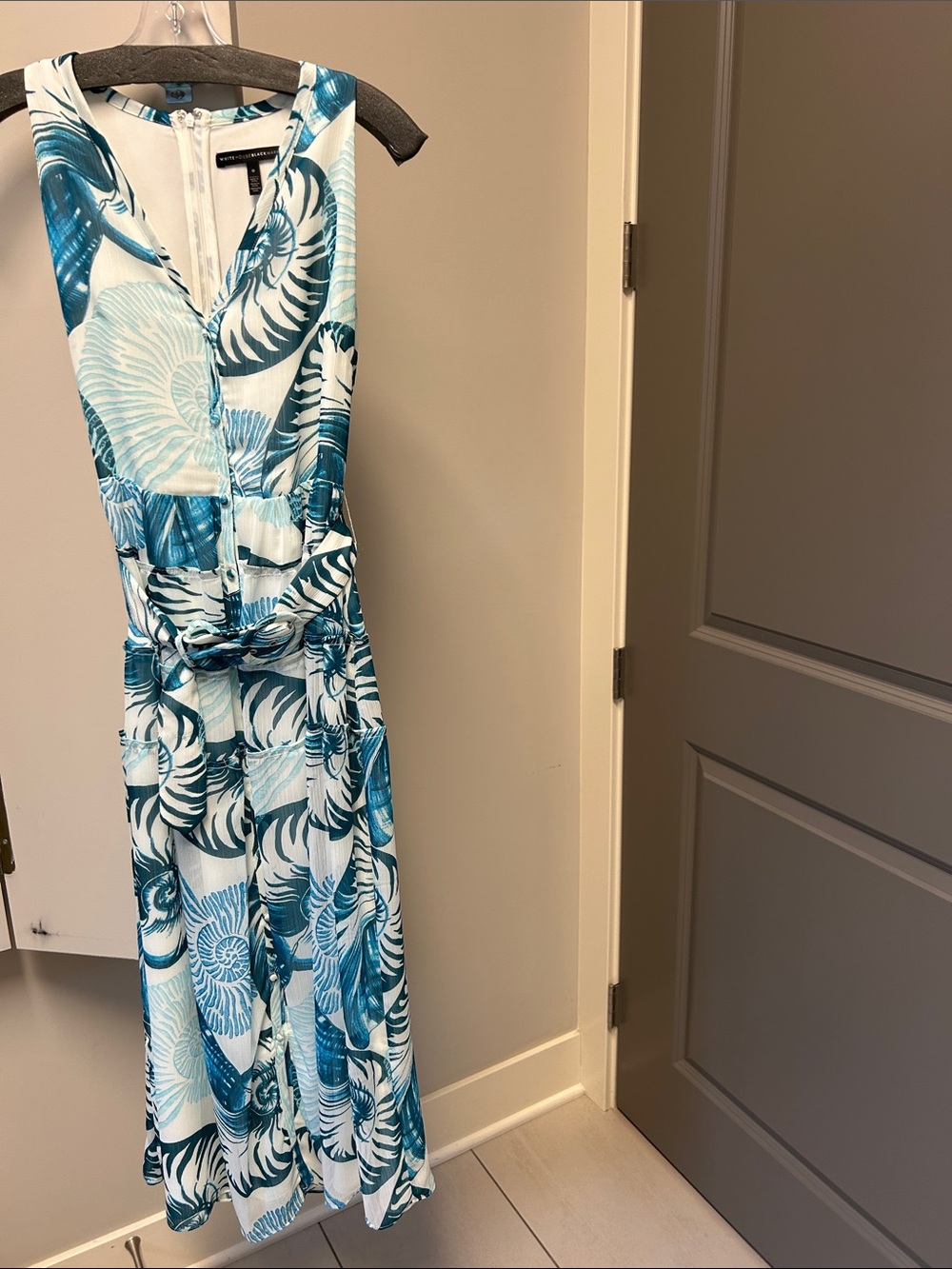 White House Black Market Teal and White Shell-Print long midi dress